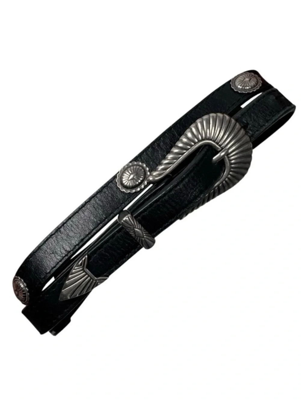 UO Black Leather Slim Belt SZ S Silver Buckle Medallions Western Boho Goth